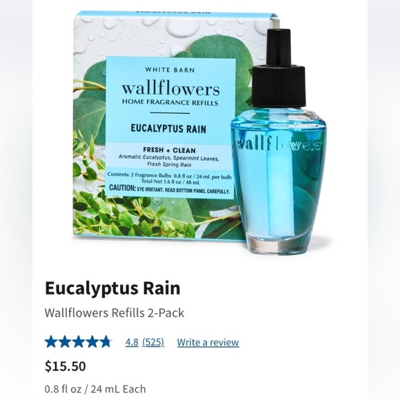 "EUCALYPTUS RAIN" by BBW/WB, 2-Pack Wallflowers Home Fragrance Refills, NEW, BOX - Picture 1 of 7
